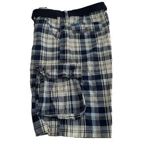 US Polo Assn Plaid Soft Canvas Belted Cargo Shorts Men's Size 36 Blue/ White